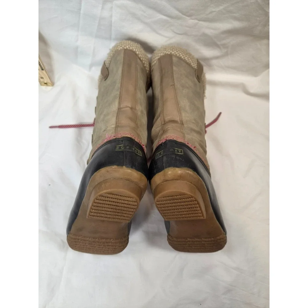 Esprit Boots Size 9M Belinda Mid Calf Rain Snow Rubber Lace Up Beige Pink Laces